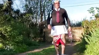 In an outfit with a schoolgirl style dress for an evening