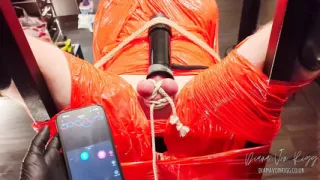 Merciless Cock Milking (tight Shiny Red Plastic Mummificaton and Remote Anal Stimulation)