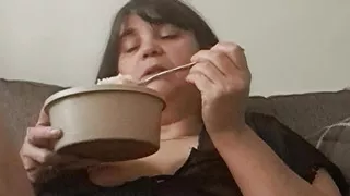 Stepmother having lunch and stepson asks to see more of what he likes about her