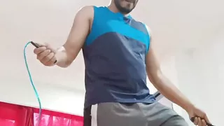 Boy Exercising at Home Undresses Uncut Cock and Big Balls Bouncing While Jumping Rope