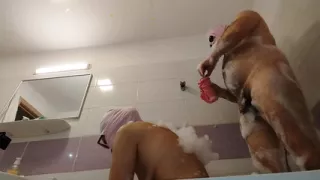 Amateur couple taking bath together. Big ass wife, hairy pussy, big tits.