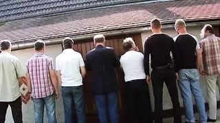 Nasty French blonde gets DPed and facialized in outdoor gangbang