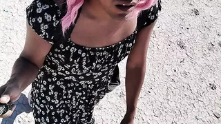 Little Ladyboy Femboy In Mini Dress And Sandals Walks In Public Very Hot