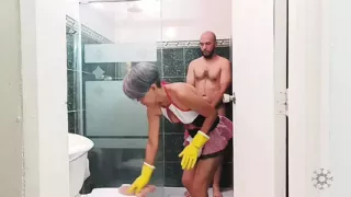 I love how my stepbrother's cock gets hard when he sees me cleaning.