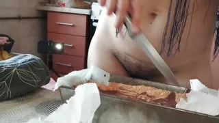 Hot Wife Prepares Naked Food in the Kitchen. Amateur Wife with Hairy Pussy, Big Tits, Big Ass.