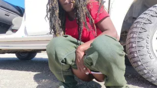 Ebony MILF Taking a Piss Next to the Road and Gets Hubby to Lick Her Pussy Clean After
