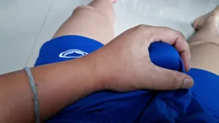 Playing with a pillow until cum in the condom