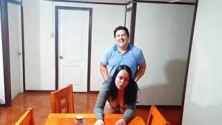 Sex before breakfast on the dining table with a stepmother taken by surprise