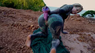 Inked cutie plays with her ass in public and lets it all flow