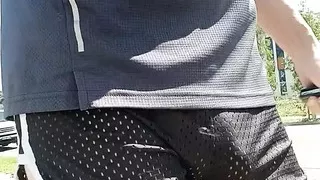 Free balling in mesh shorts so small my big cock keeps falling out