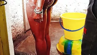 Outdoor Bathing My Pregnant Girlfriend in Dirty Environment