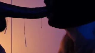 hot hairy and hooded man sucking gagging and drooling on big 8 inch dildo