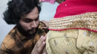 Red half saree navel lick romance