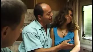 Picked up brunette teen gets spitroasted in the van