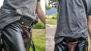 Gay man walking through the city in a thong