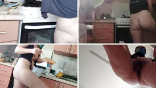 Sexy naked wife preparing food in the kitchen.