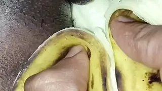 Virgin young girl kissed banana in chute. Young girl first time sex