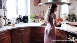Naked Cleaning. Sexy Brunette in a Sheer Dress With No Underwear Cleans the Kitchen. Amy Haze