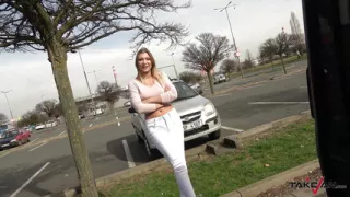 Racing van takes blonde on the street for a ride on big cock