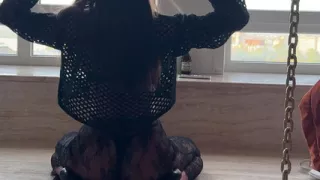 stretching in transparent long skirt ans panties