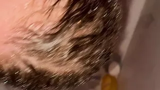 Redhead hot wife blowjob in the shower but