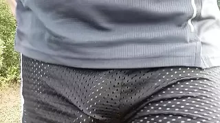 Big dick keeps falling out of tiny see through mesh shorts .. VERY public nudity and extreme commando freeballing