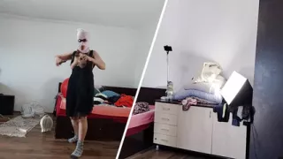 Sexy wife with hairy pussy dancing naked. Hairy brunette pussy, big tits, big ass.