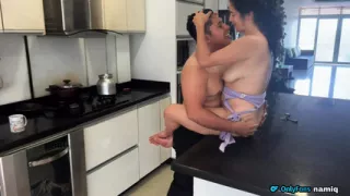 While she was drinking coffee I choked her with my big cock!