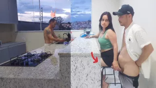 Fucking Hot Wife In The Kitchen Until She Cums, While The Cuckold Washes The Dishes