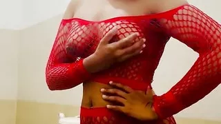 Srilankan sexy mommy in red uniform at office washroom