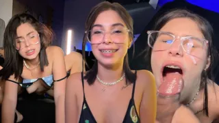 Orgasmic 18yo nerdy girl with shaking legs while fucking and cum on her glasses.