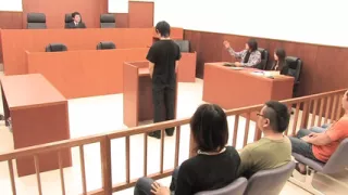 Horny Japanese Babe Gets Fucked by Three Hard Cocks in the Court Room