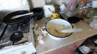 Sexy mom prepares breakfast, hairy pussy, big tits.