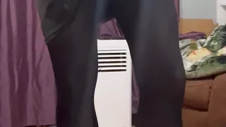 Maninboots edging dressed in blue corset, black skirt and high heel ankle boots. with multiple cumshots