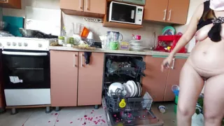 Sexy naked wife preparing food in the kitchen. Hairy brunette hair, big ass, big tits
