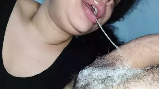 THIRSTY AND DEEP THROAT, slut loves to roll her little mouth on the stalk of his hard cock