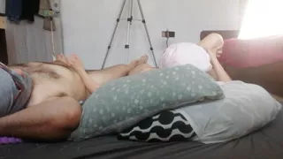 My wife gives me a handjob and cum on her boobs.