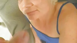 A 47 year old mature slut gets fucked in the ass by a 20 year old stranger and he makes her eat his cum