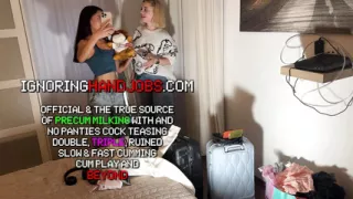 Two hot beautiful horny girls try to make a big cock guy cum with a dice challenge double handjob game