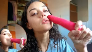 Sexy Latina Sucking a Dildo, Enjoying It Like It's Real