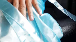 Asian Cross Masturbate and Cum wearing Satin Shiny Blue Gown
