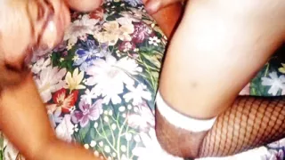 Double blowjob from a mature MILF to a beautiful trans and a curious straight guy