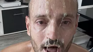 Filthy pig covered in oil, drool, snot and cum