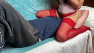 Facesitting on Sofa in Red Pantyhose