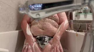 Hairy Fat Chub plays in tub wearing Jockstrap