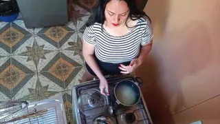 A horny guy decides to fuck his stepsister in the kitchen