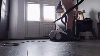 Amateur wife vacuuming naked in the house.