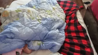 Foreplay in the bedroom with an amateur couple. Amateur MILF does naked yoga, hairy pussy, big ass, big tits.