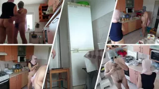 Hot amateur couple have fun in the kitchen licking ice cream.