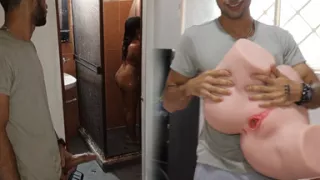 Beautiful brunette showers in her bathroom, and I seduce her to fuck her TANTALY doll after her show
